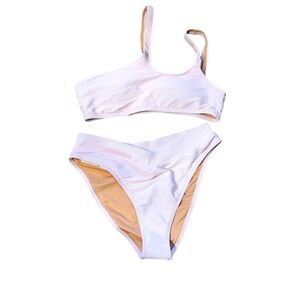 J.Crew Re-Imagined One Double Strap Ribbed Bikini Set Pale Pink Womens M NEW
